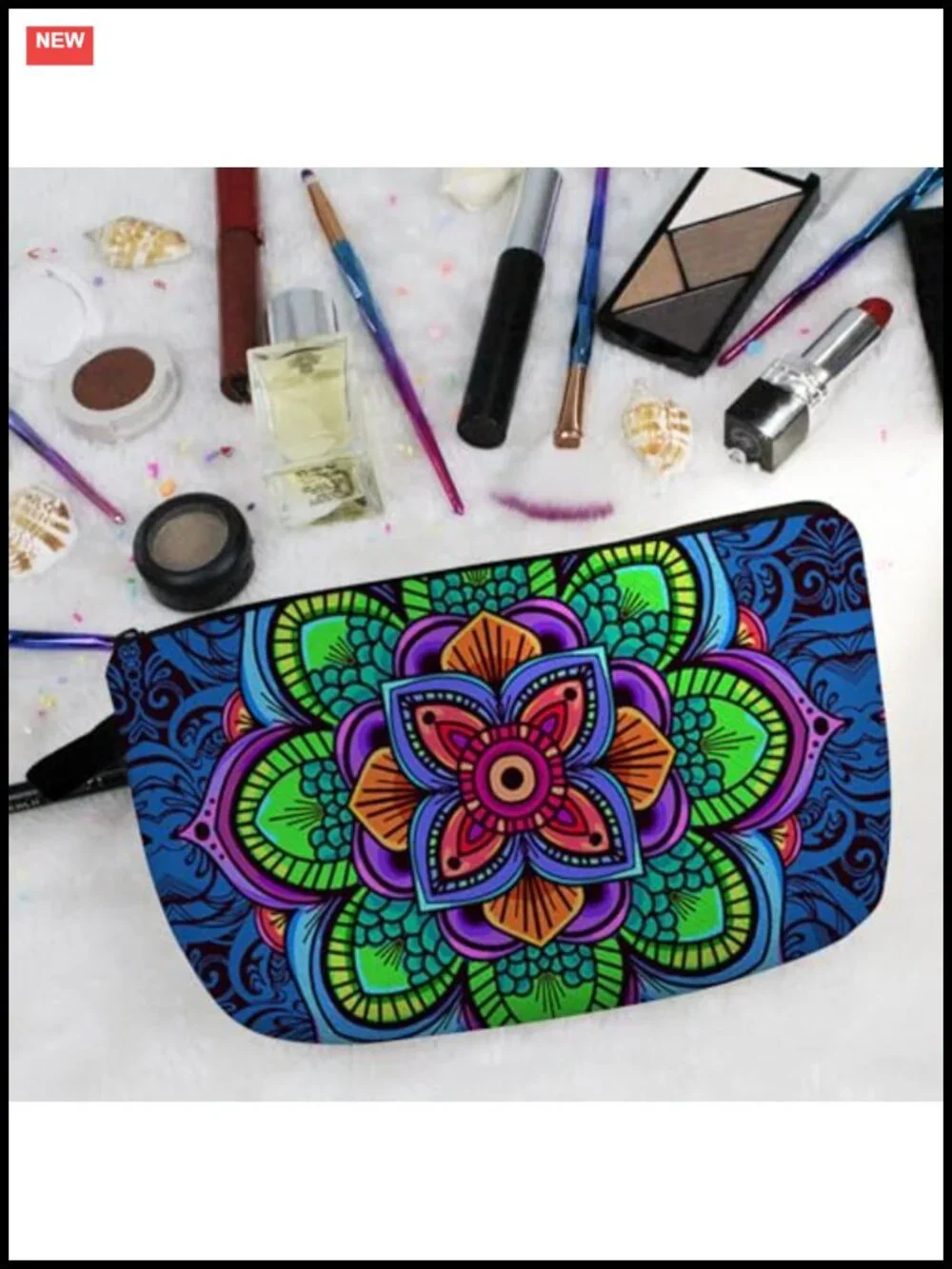 Cosmetic Bag with Mandala Flowers Print, Padded Zipper Pouch Organizer for